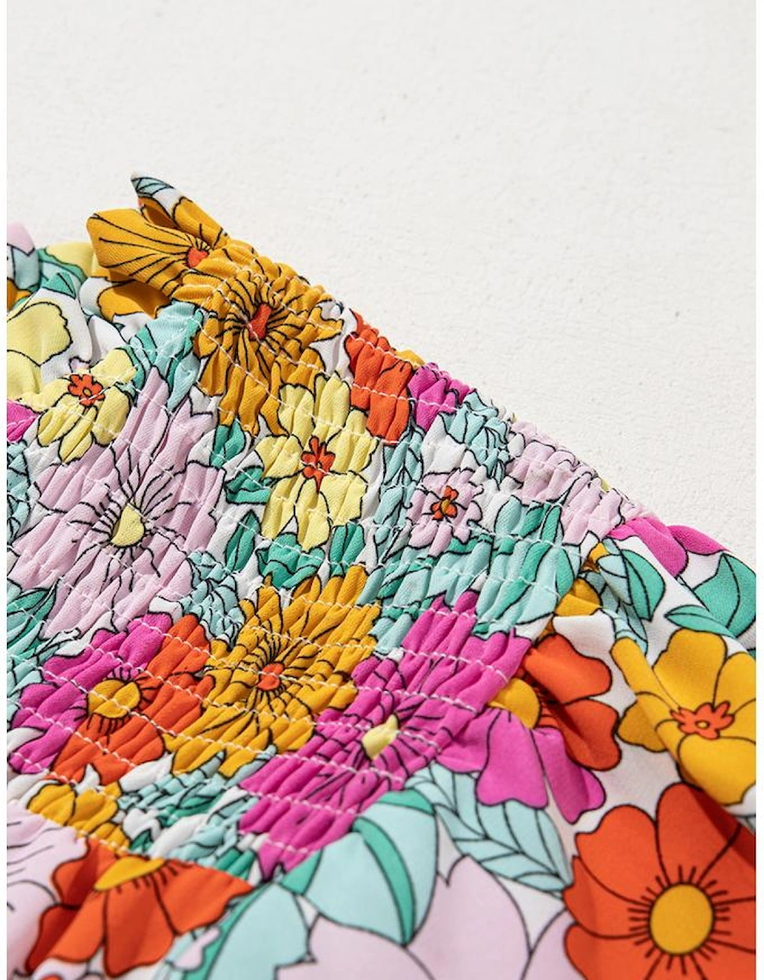 Yellow Floral Print Shirred Tiered Ruffled Sleeve Blouse