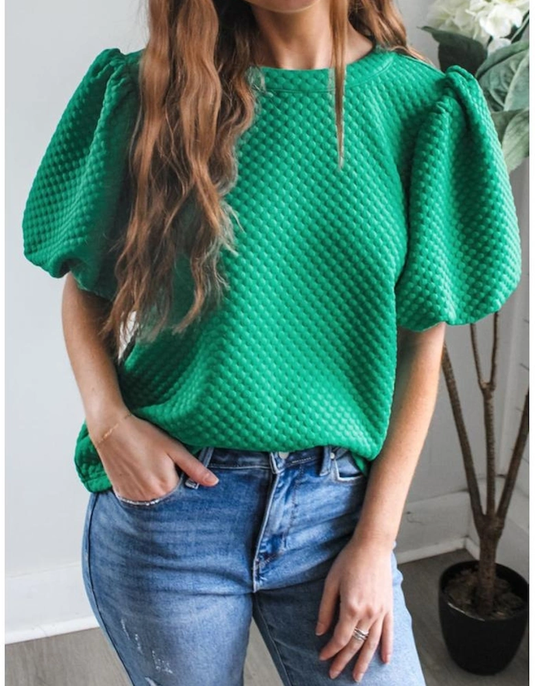 Sea Green Solid Textured O Neck Puff Sleeve Blouse