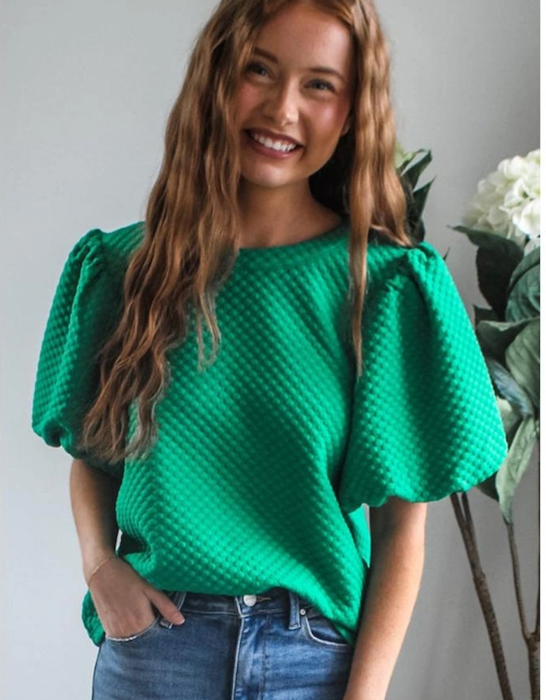 Sea Green Solid Textured O Neck Puff Sleeve Blouse