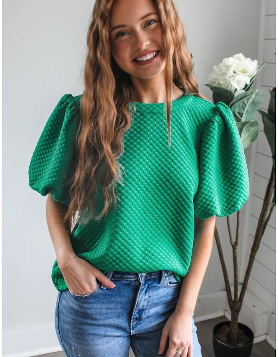 Sea Green Solid Textured O Neck Puff Sleeve Blouse, 5 of 4