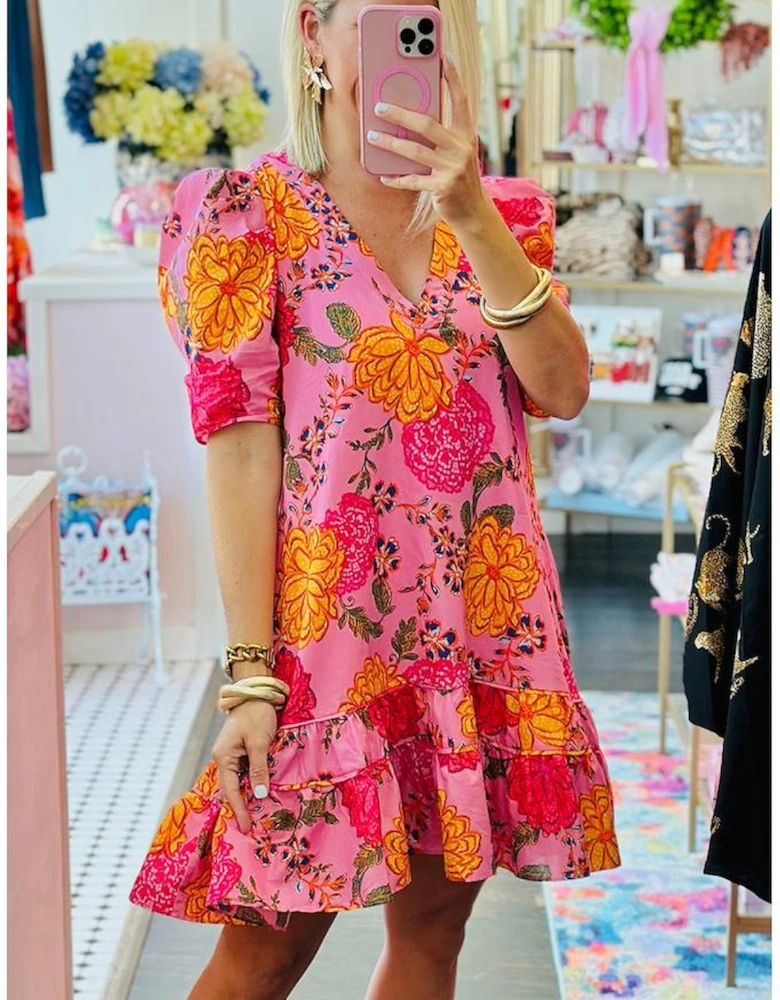 Pink Floral Bubble Sleeve V Neck Ruffled Mini Dress
