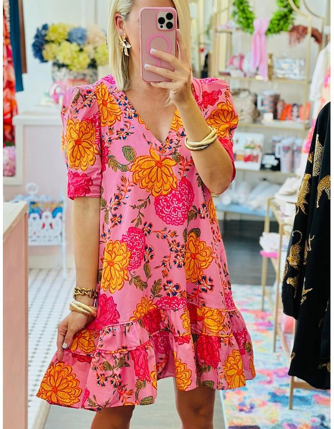 Pink Floral Bubble Sleeve V Neck Ruffled Mini Dress