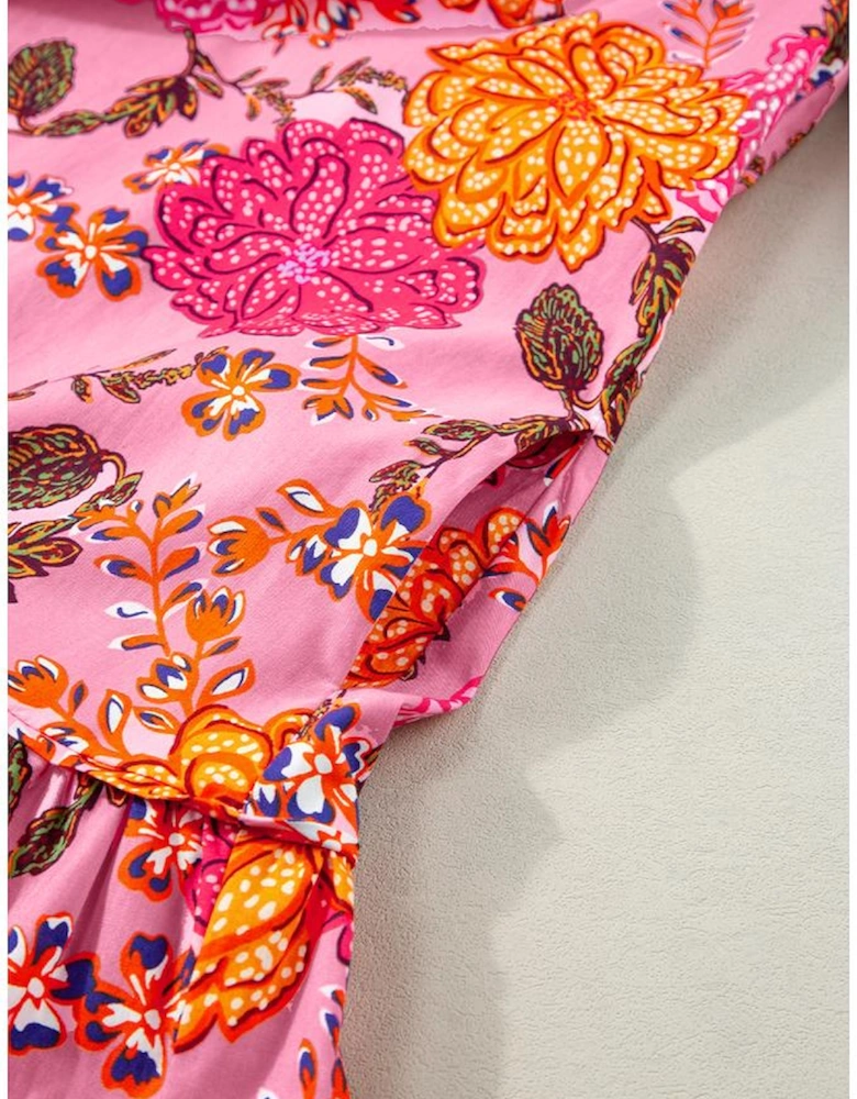 Pink Floral Bubble Sleeve V Neck Ruffled Mini Dress