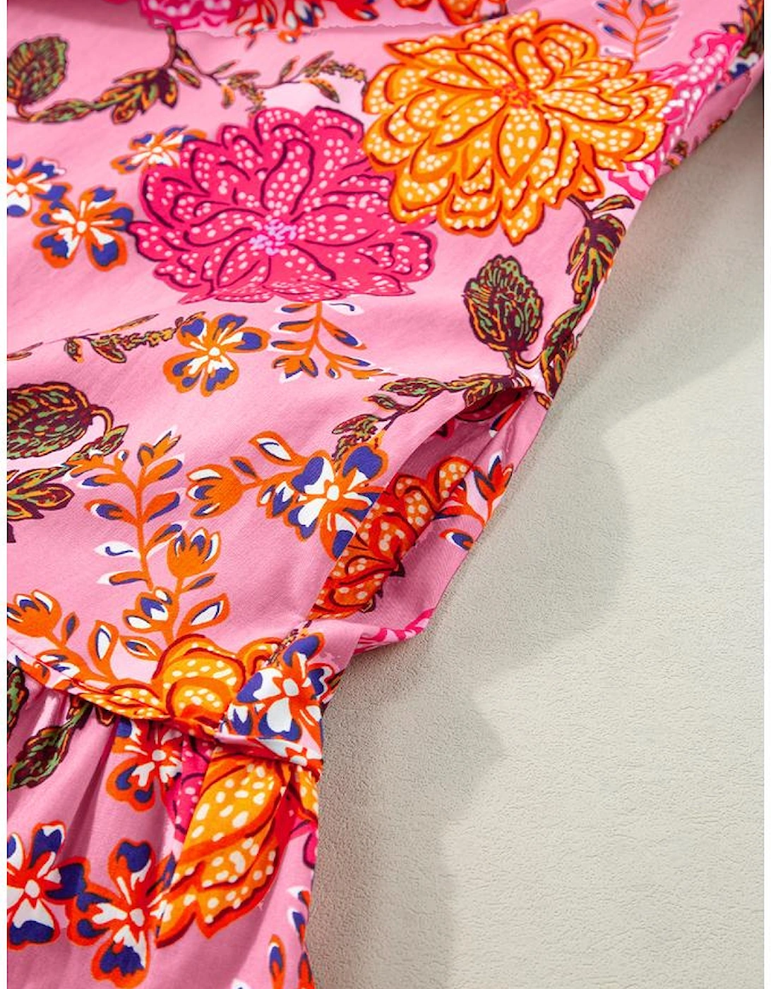 Pink Floral Bubble Sleeve V Neck Ruffled Mini Dress