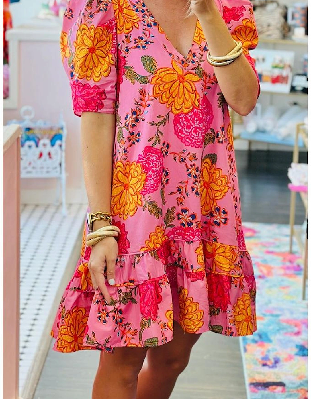 Pink Floral Bubble Sleeve V Neck Ruffled Mini Dress, 10 of 9