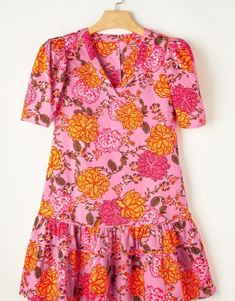 Pink Floral Bubble Sleeve V Neck Ruffled Mini Dress