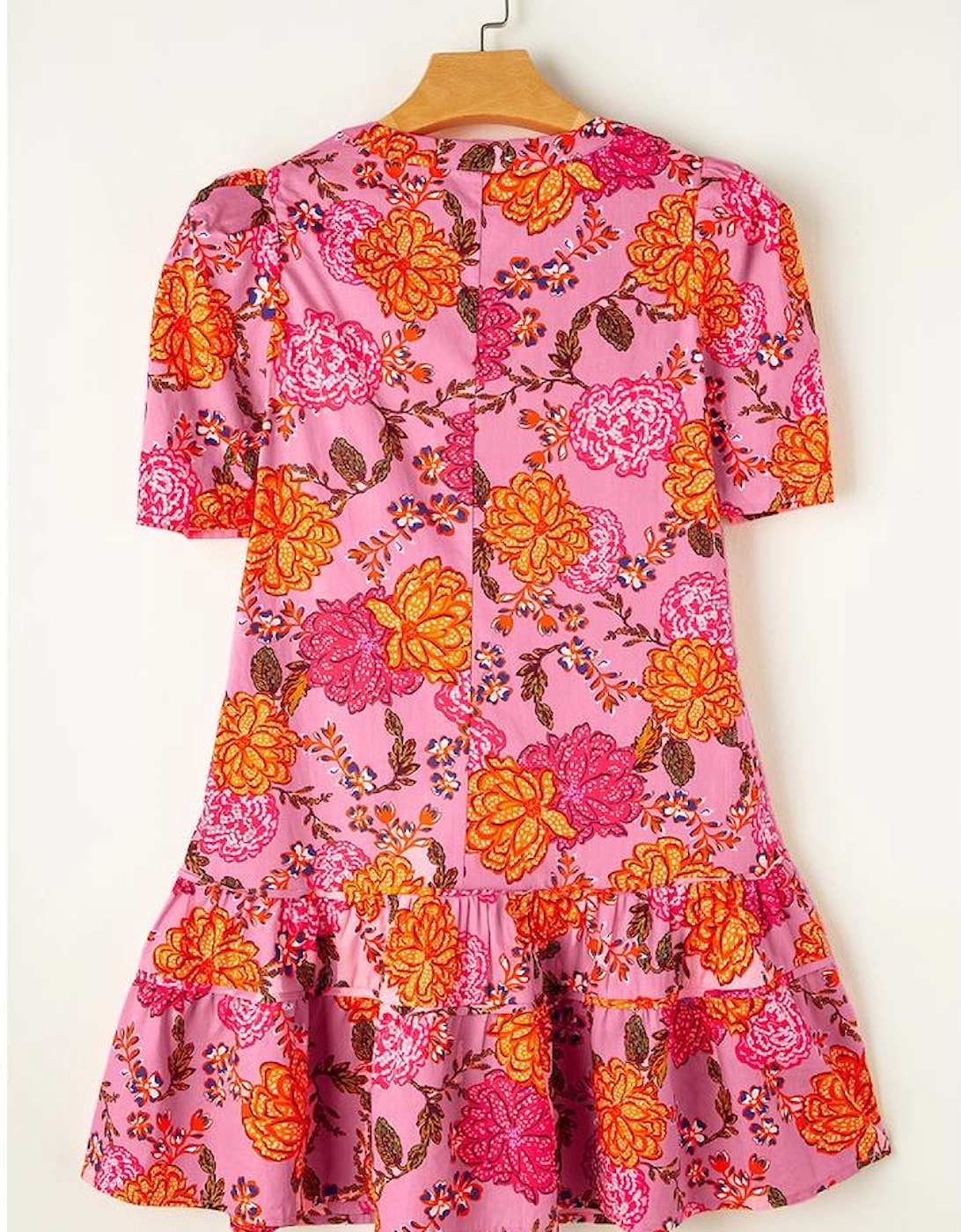 Pink Floral Bubble Sleeve V Neck Ruffled Mini Dress