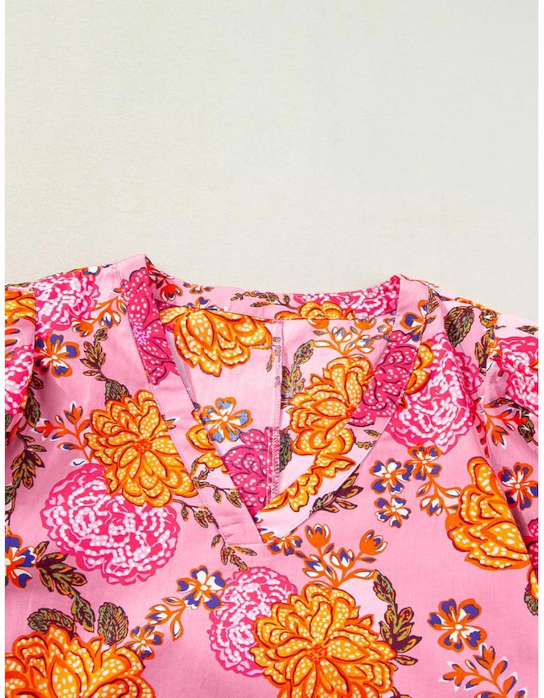 Pink Floral Bubble Sleeve V Neck Ruffled Mini Dress