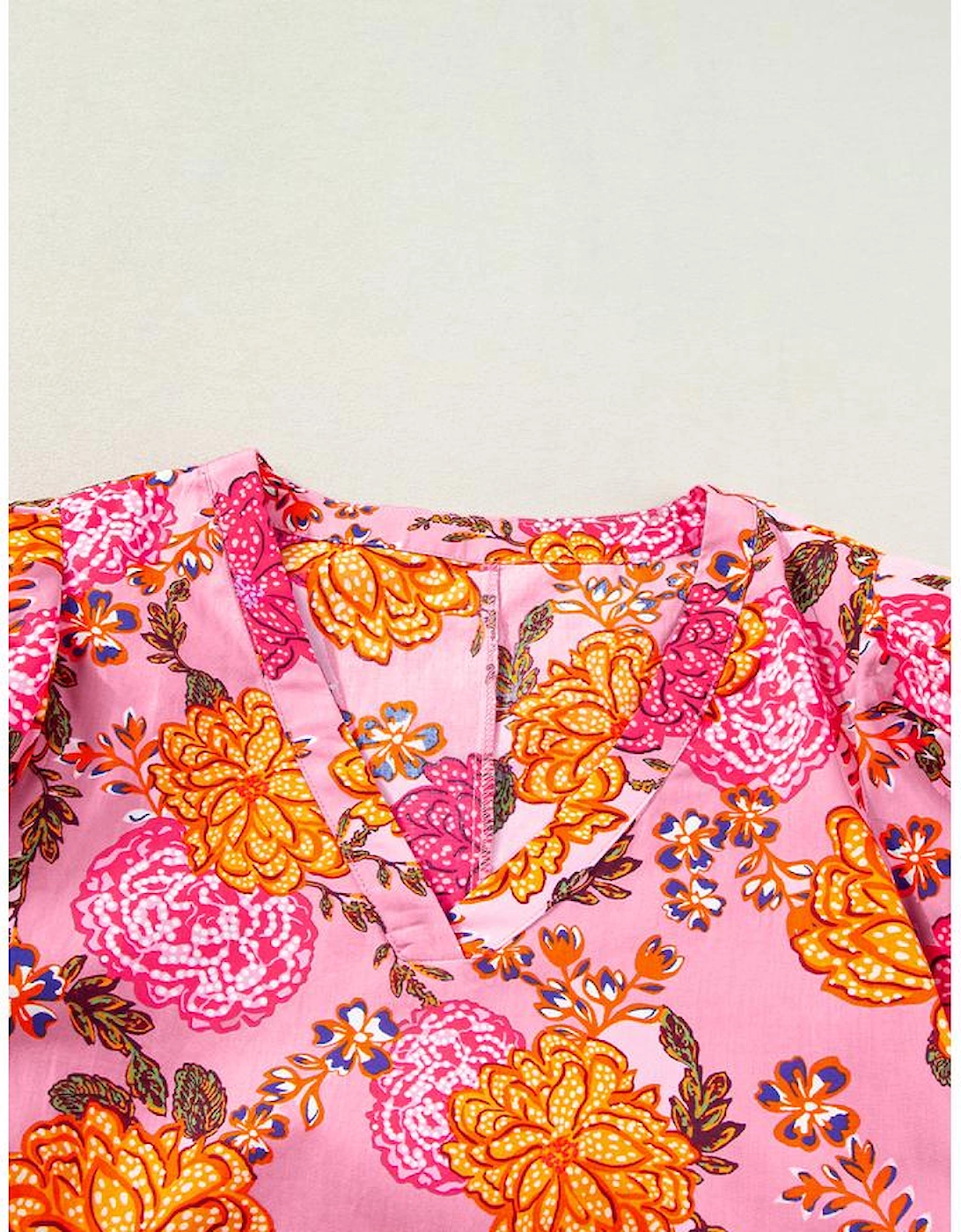 Pink Floral Bubble Sleeve V Neck Ruffled Mini Dress