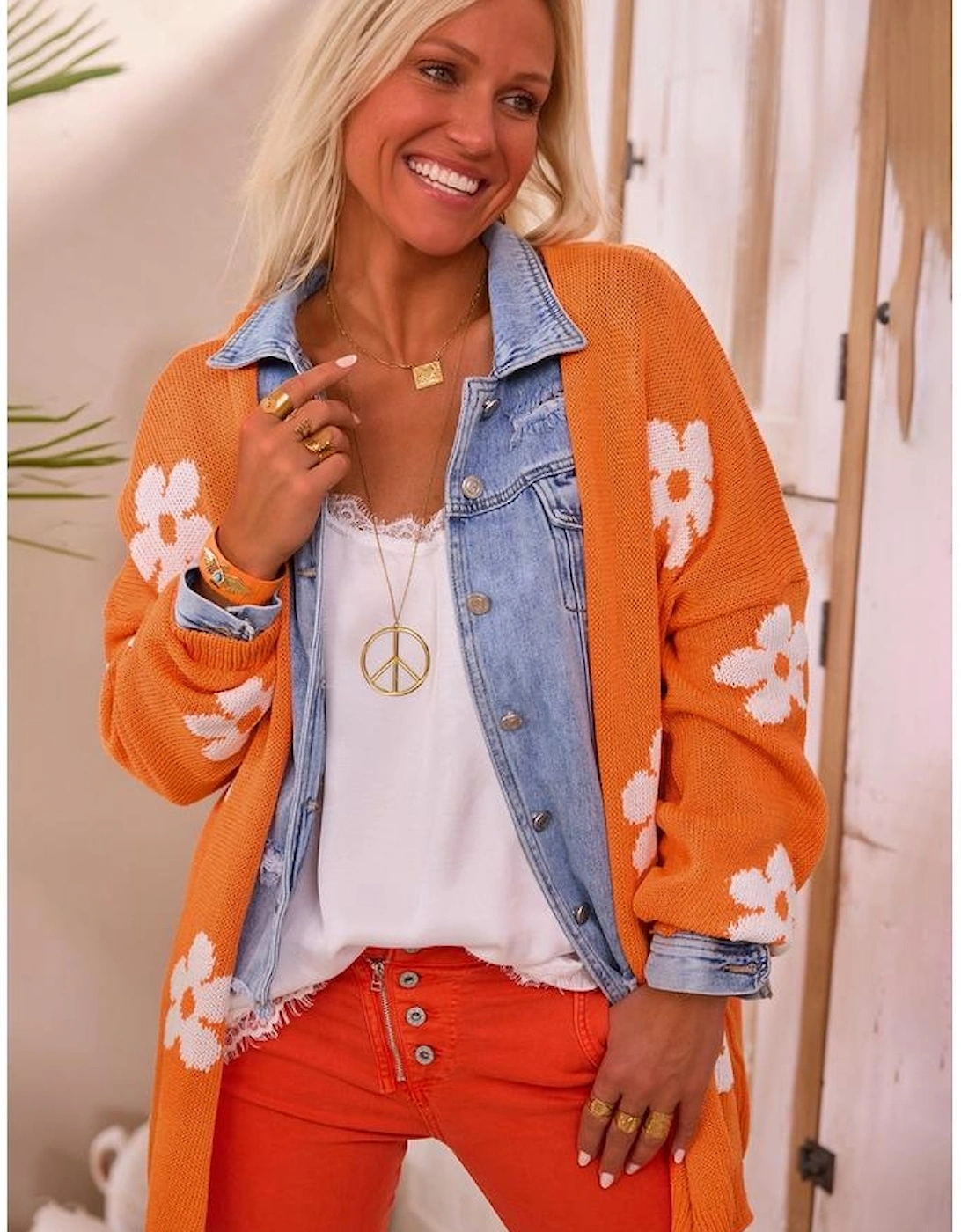 Orange Floral Print Knitted Open Front Loose Cardigan