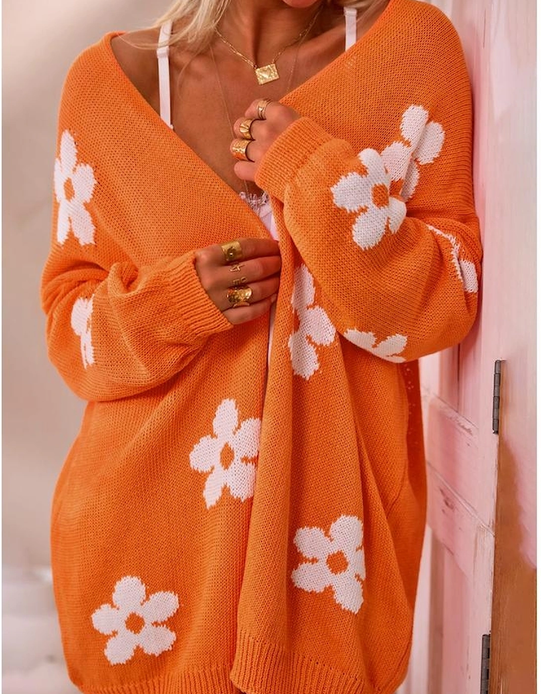 Orange Floral Print Knitted Open Front Loose Cardigan, 14 of 13