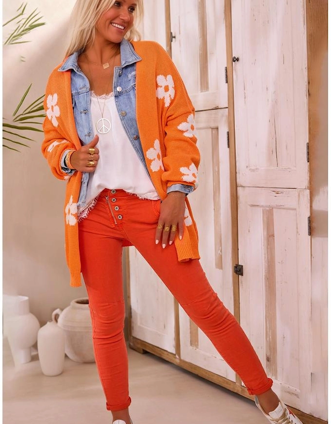 Orange Floral Print Knitted Open Front Loose Cardigan