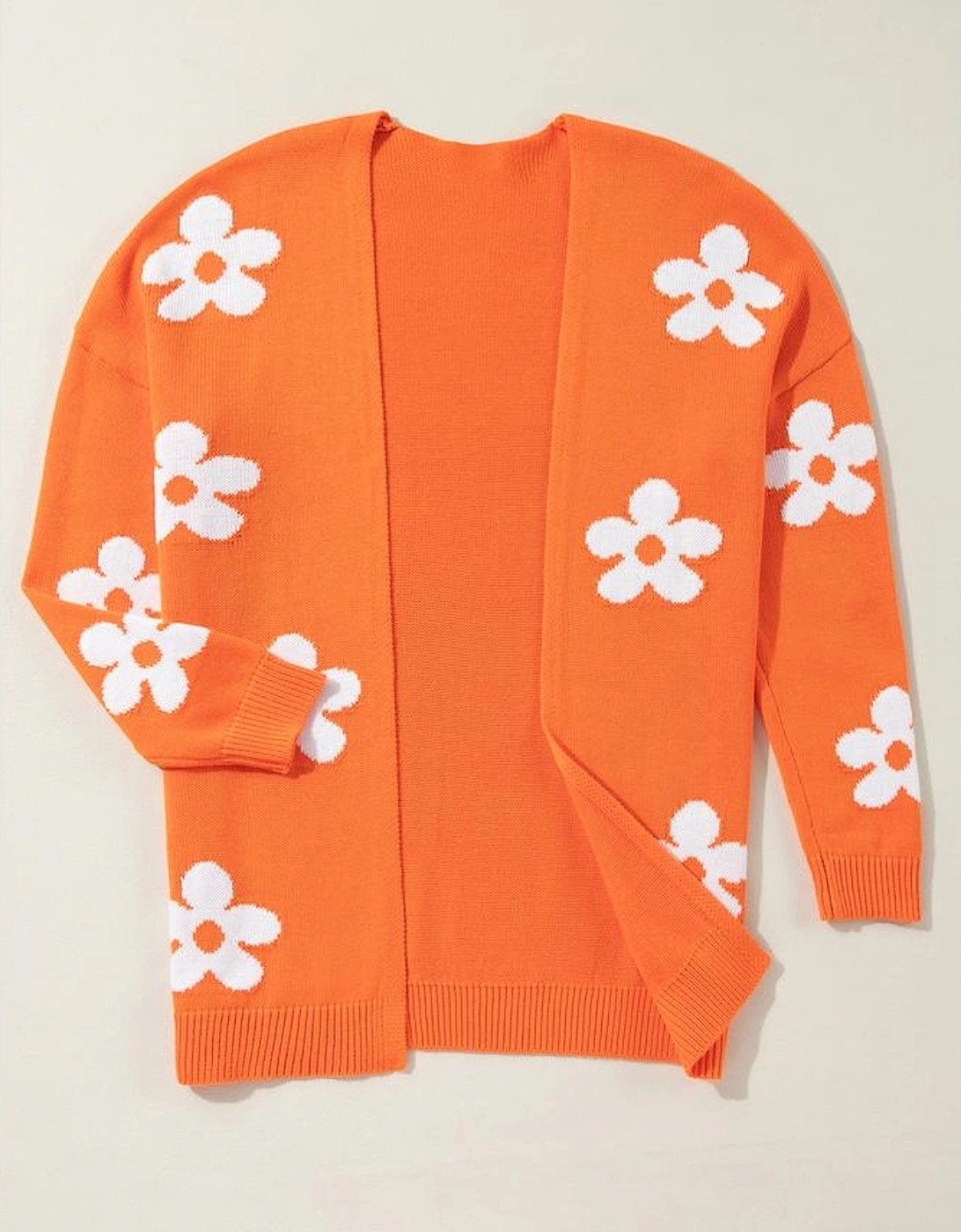 Orange Floral Print Knitted Open Front Loose Cardigan