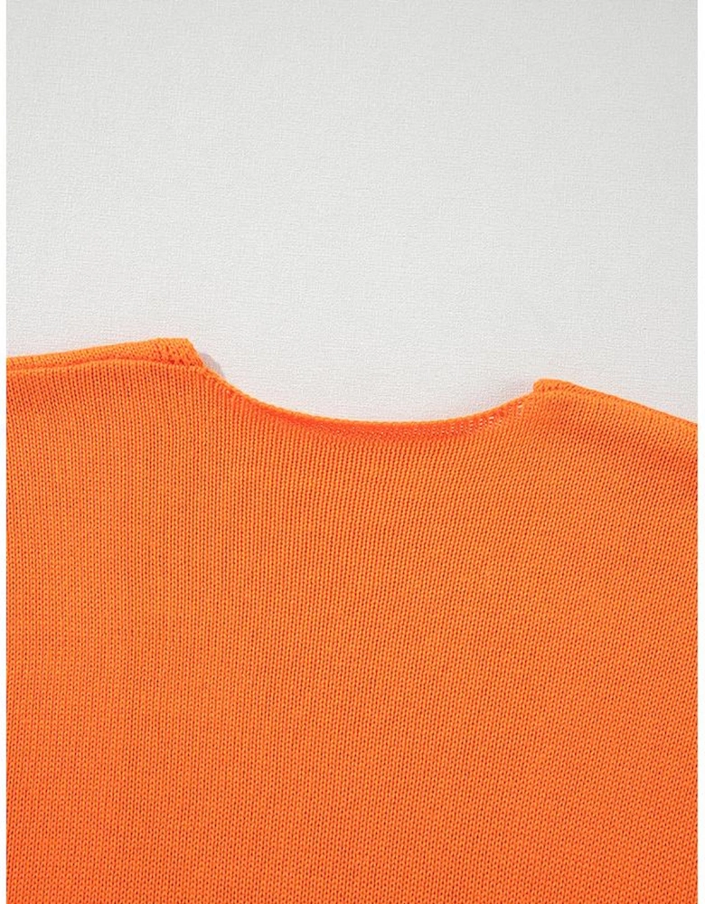 Orange Floral Print Knitted Open Front Loose Cardigan