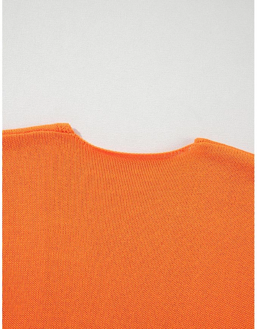 Orange Floral Print Knitted Open Front Loose Cardigan