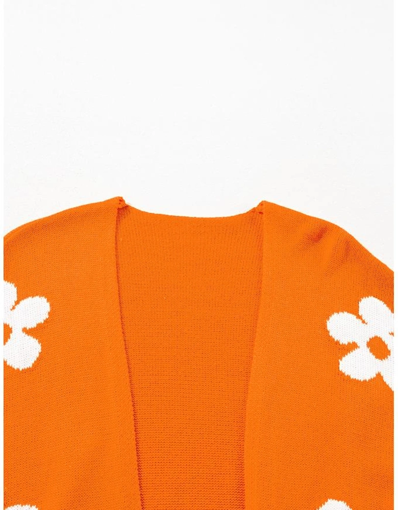 Orange Floral Print Knitted Open Front Loose Cardigan