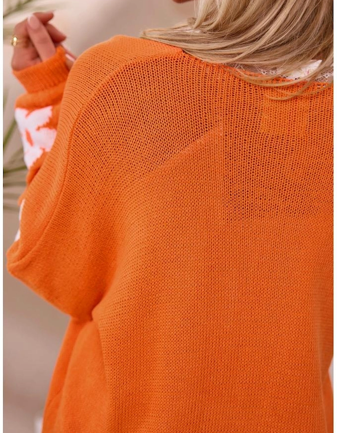 Orange Floral Print Knitted Open Front Loose Cardigan