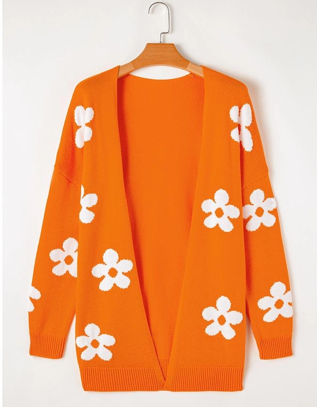 Orange Floral Print Knitted Open Front Loose Cardigan