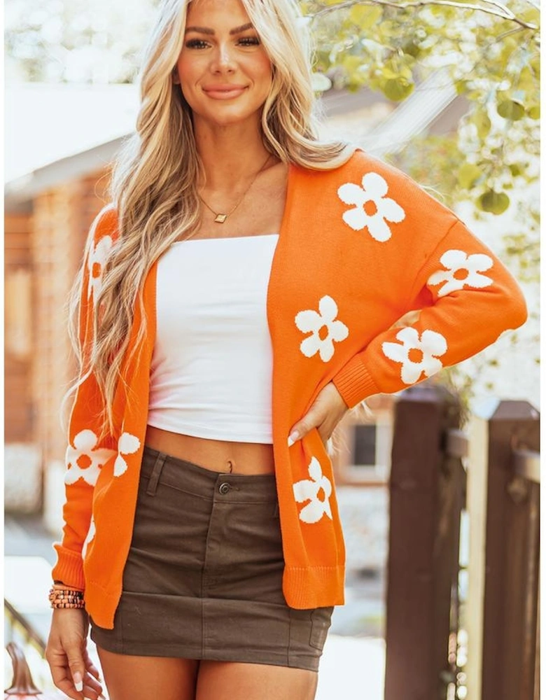 Orange Floral Print Knitted Open Front Loose Cardigan