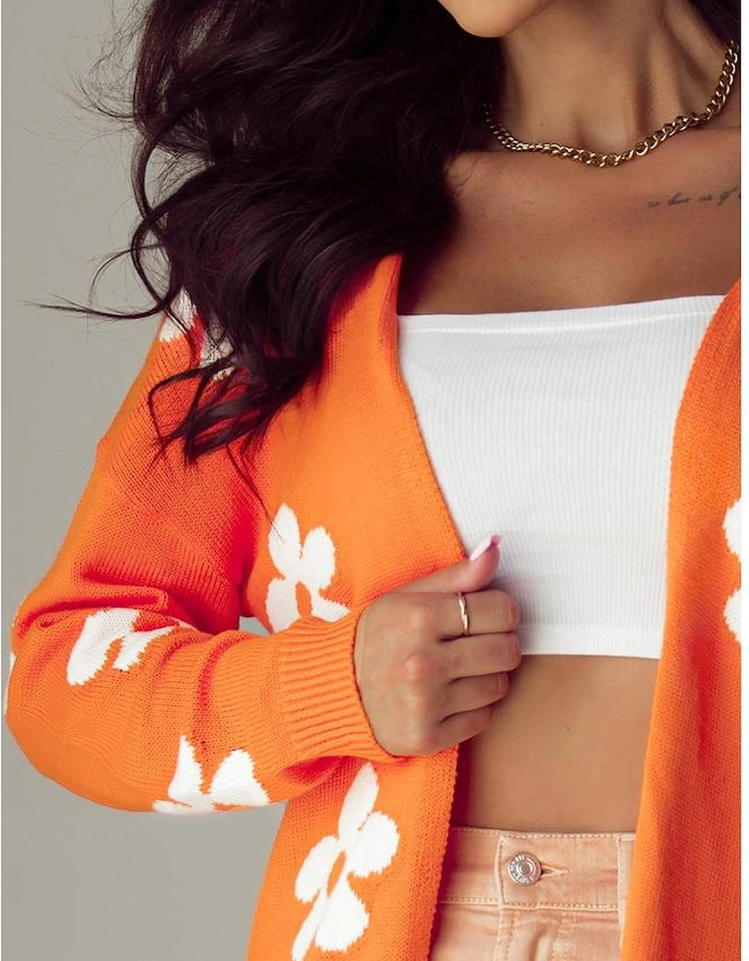Orange Floral Print Knitted Open Front Loose Cardigan