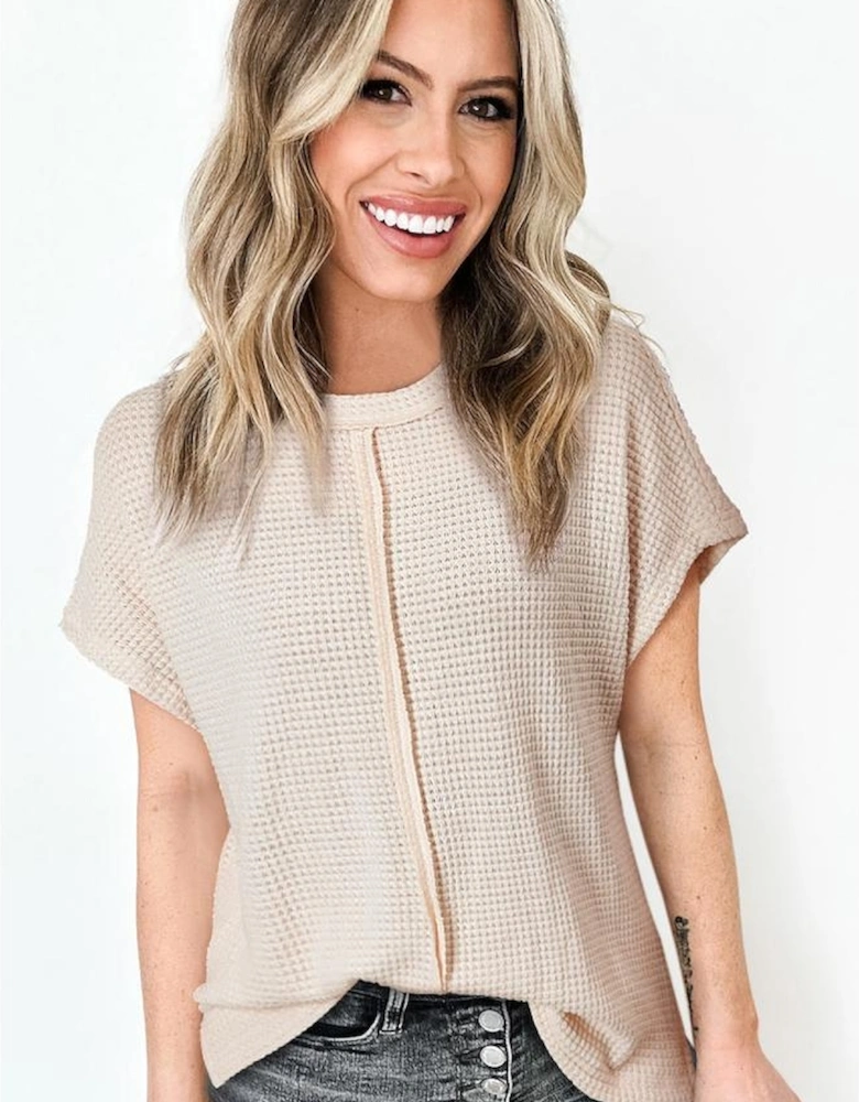 Pale Khaki Solid Color Textured Seamed Short Sleeve Top