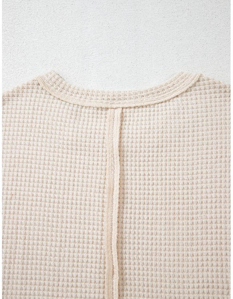 Pale Khaki Solid Color Textured Seamed Short Sleeve Top