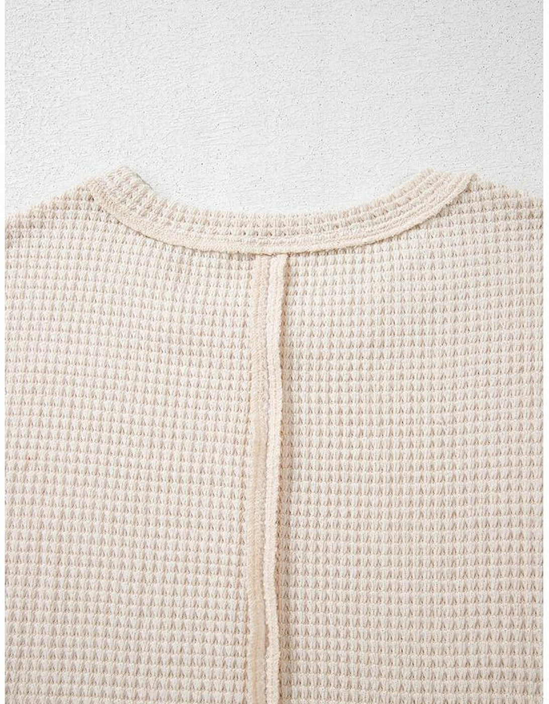 Pale Khaki Solid Color Textured Seamed Short Sleeve Top