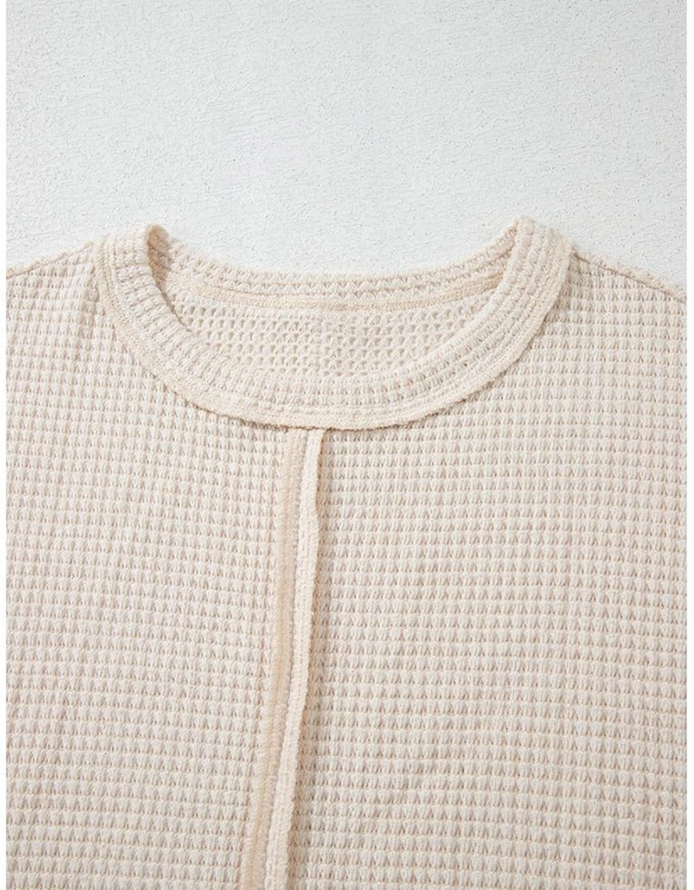 Pale Khaki Solid Color Textured Seamed Short Sleeve Top