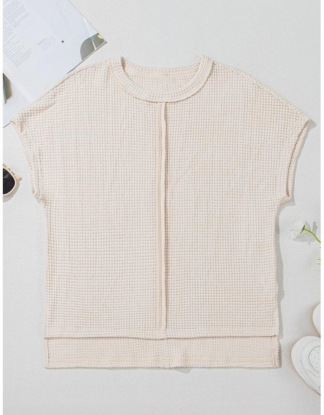 Pale Khaki Solid Color Textured Seamed Short Sleeve Top