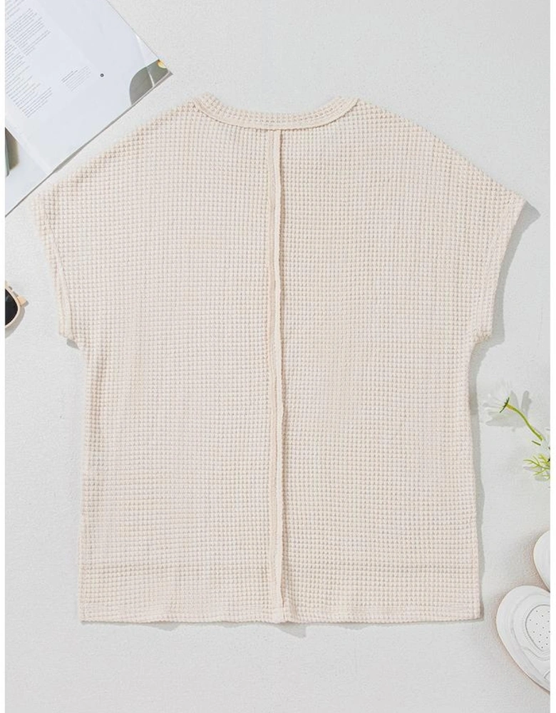 Pale Khaki Solid Color Textured Seamed Short Sleeve Top