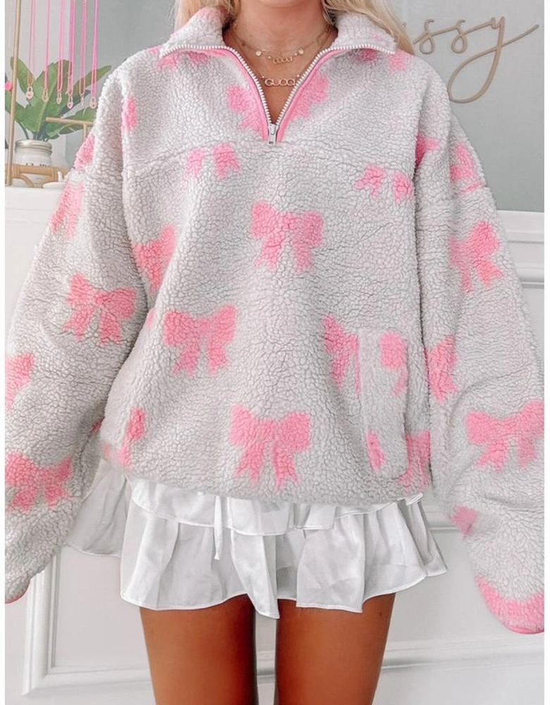 Gray Bow Sherpa Quarter Zip Drop Shoulder Baggy Sweatshirt