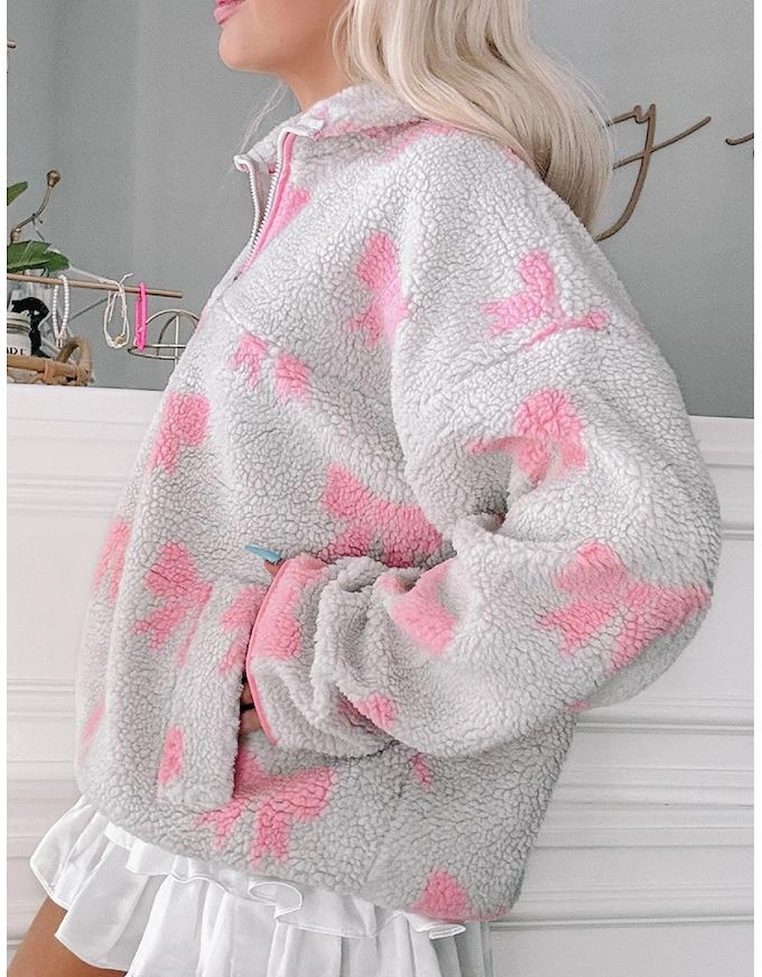 Gray Bow Sherpa Quarter Zip Drop Shoulder Baggy Sweatshirt, 5 of 4