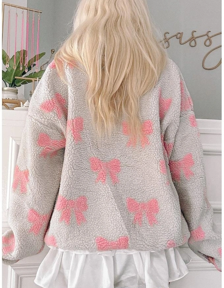 Gray Bow Sherpa Quarter Zip Drop Shoulder Baggy Sweatshirt