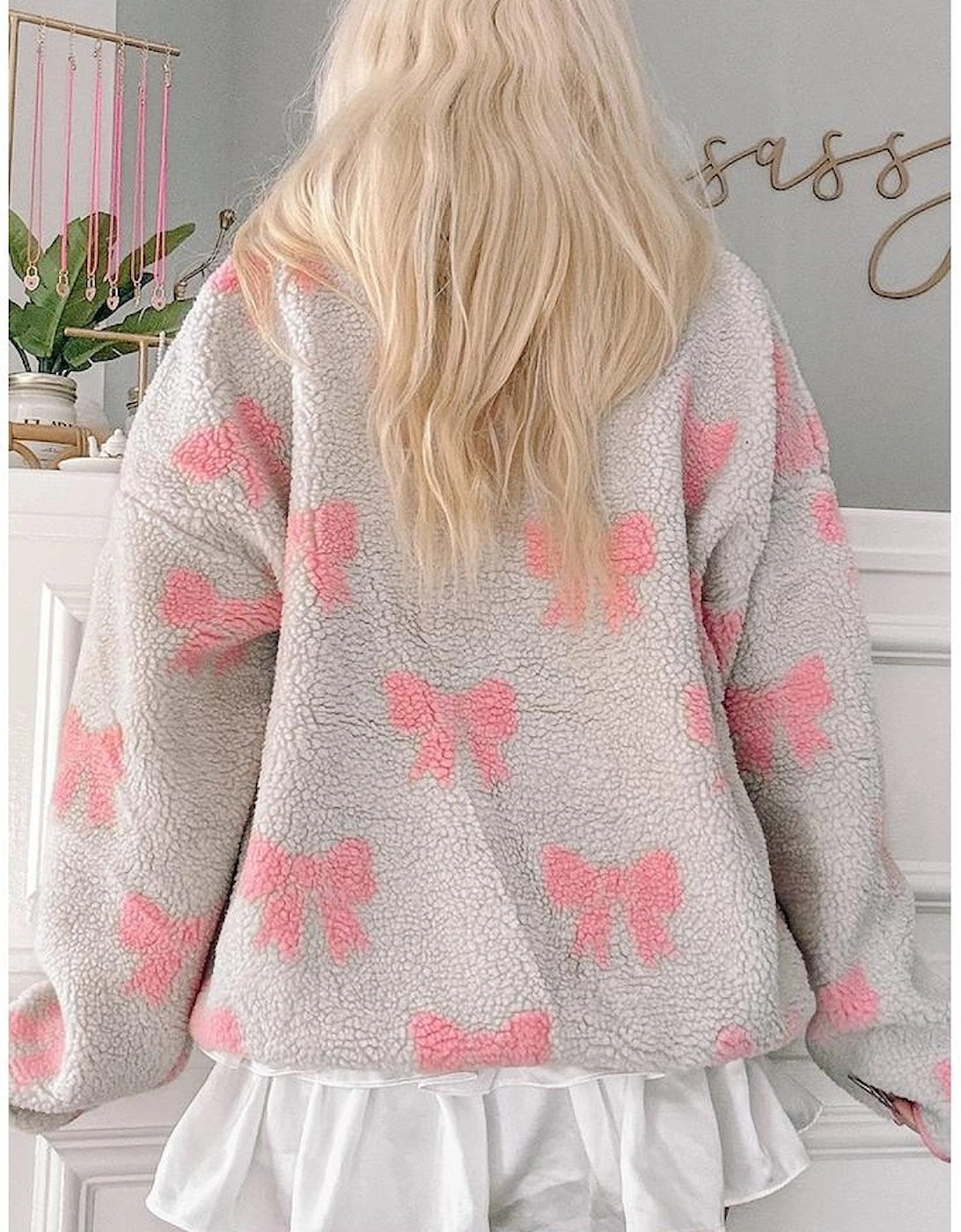 Gray Bow Sherpa Quarter Zip Drop Shoulder Baggy Sweatshirt