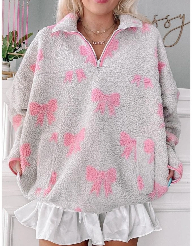 Gray Bow Sherpa Quarter Zip Drop Shoulder Baggy Sweatshirt