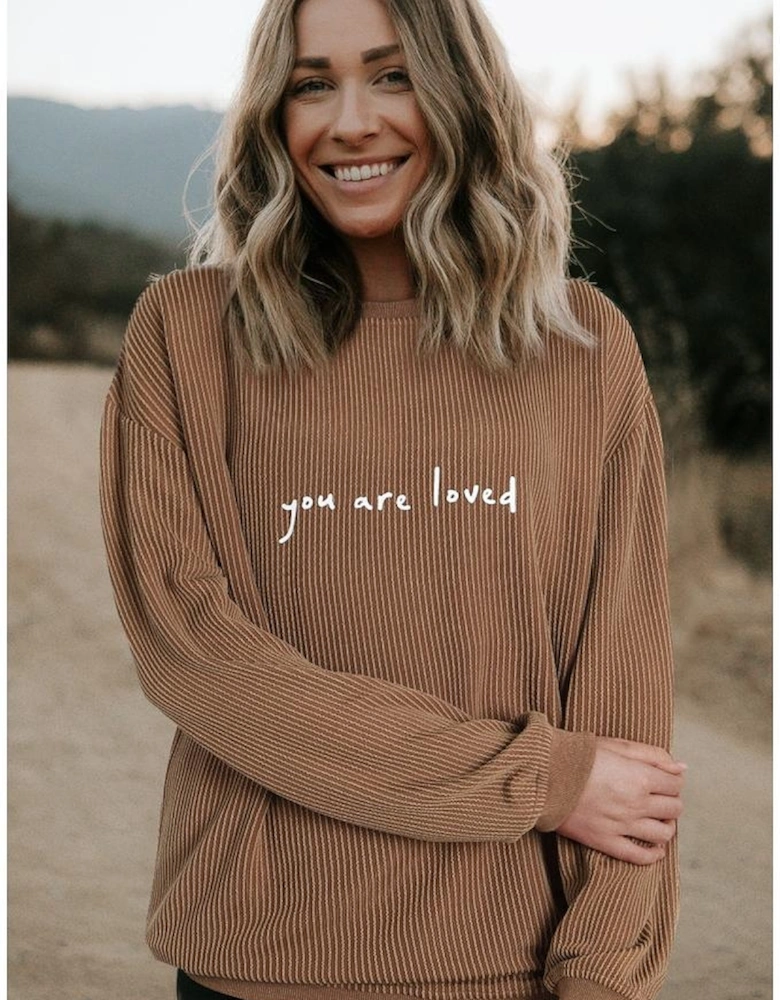 Khaki You Are Loved Print Corduroy Sweatshirt