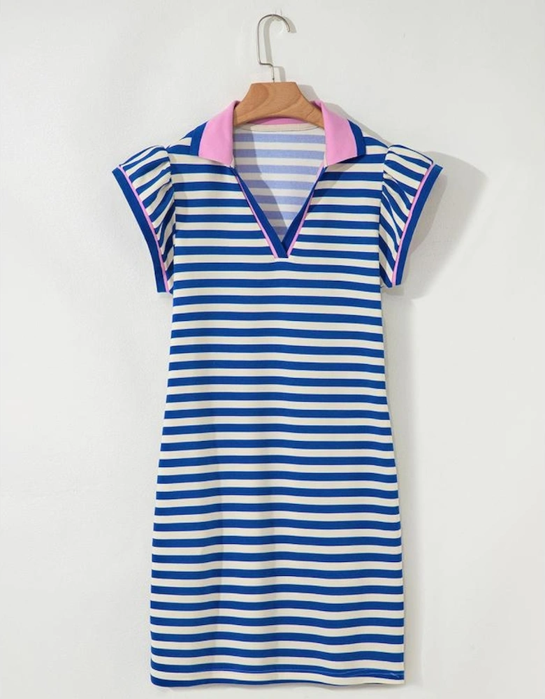 Dark Blue Stripe Print Contrast Collar Split Neck Flutter Sleeve Short Dress