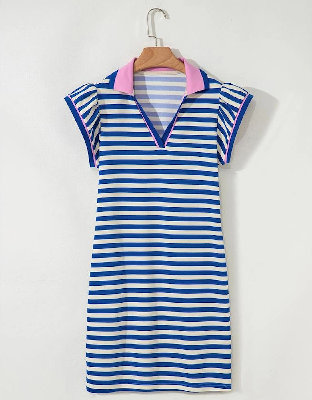 Dark Blue Stripe Print Contrast Collar Split Neck Flutter Sleeve Short Dress