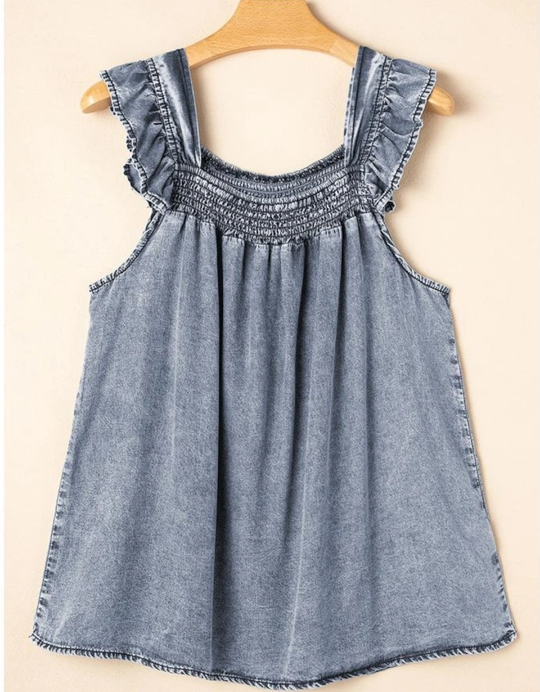 Ashleigh Blue Ruffled Shirred Neckline Sleeveless Denim Tank Top
