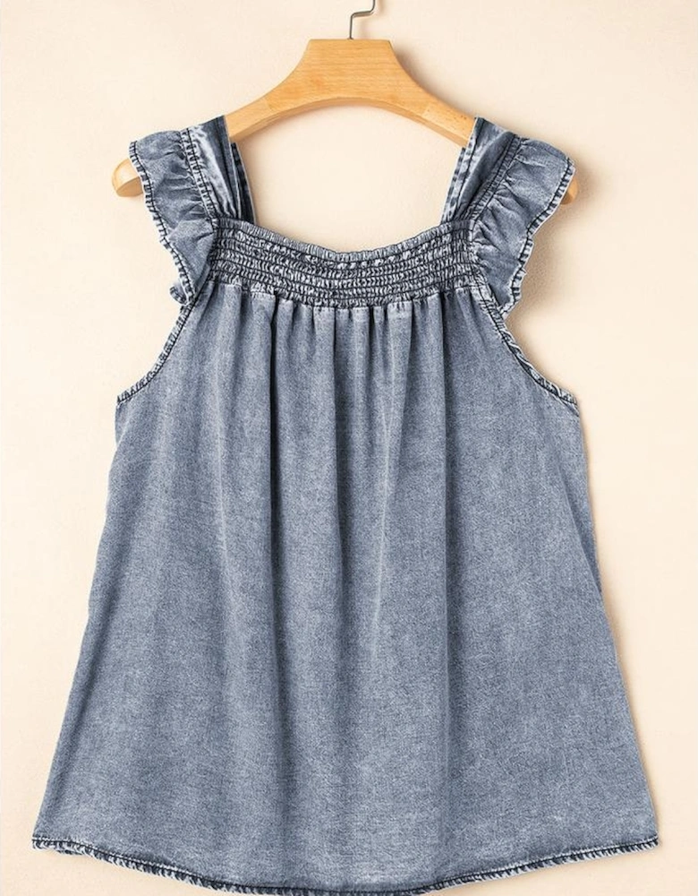 Ashleigh Blue Ruffled Shirred Neckline Sleeveless Denim Tank Top