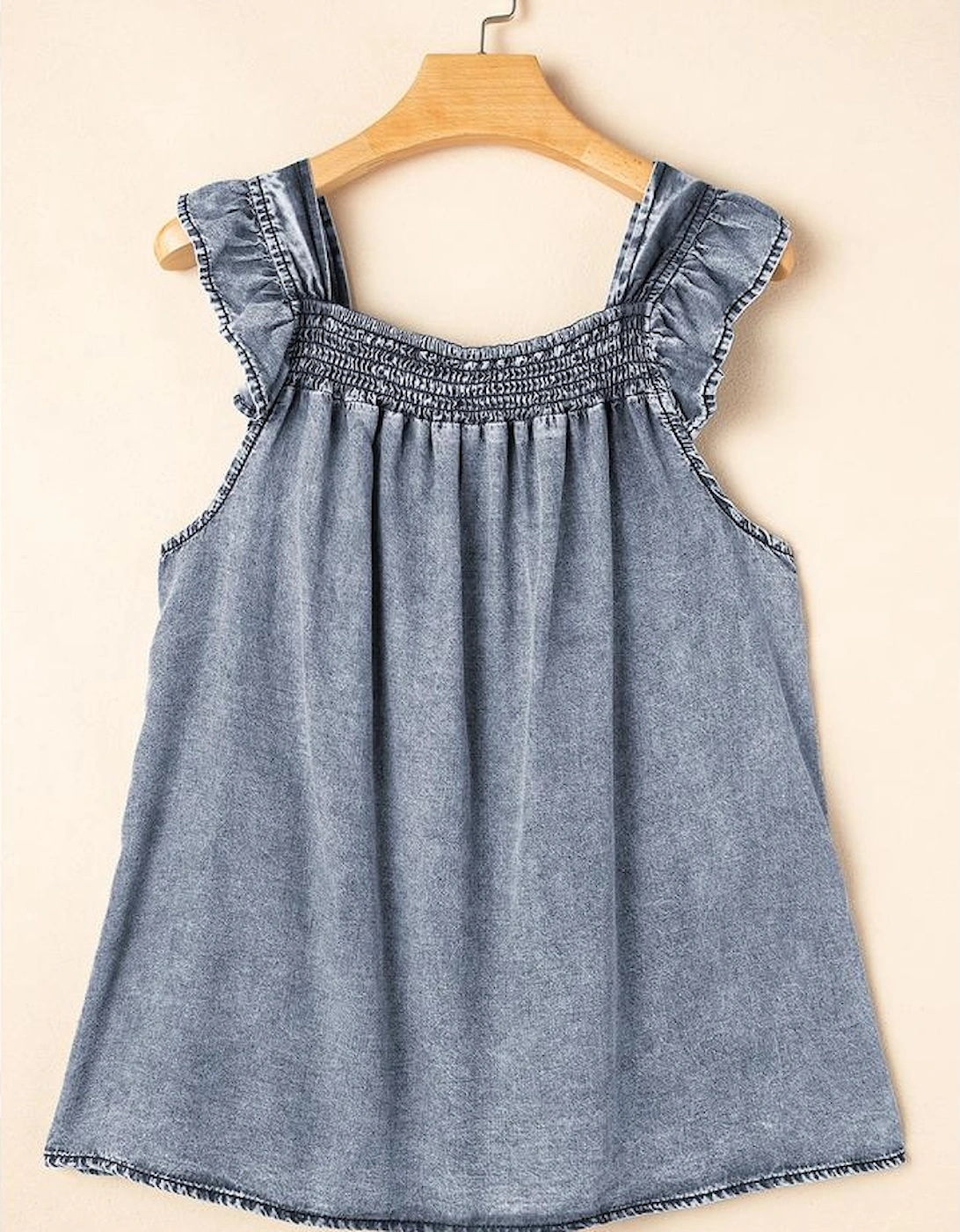 Ashleigh Blue Ruffled Shirred Neckline Sleeveless Denim Tank Top