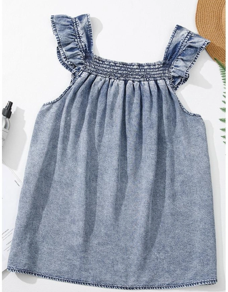 Ashleigh Blue Ruffled Shirred Neckline Sleeveless Denim Tank Top