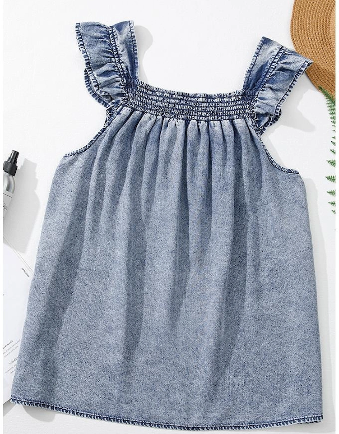 Ashleigh Blue Ruffled Shirred Neckline Sleeveless Denim Tank Top