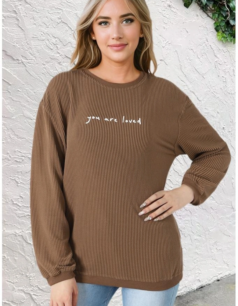 Khaki You Are Loved Print Corduroy Sweatshirt