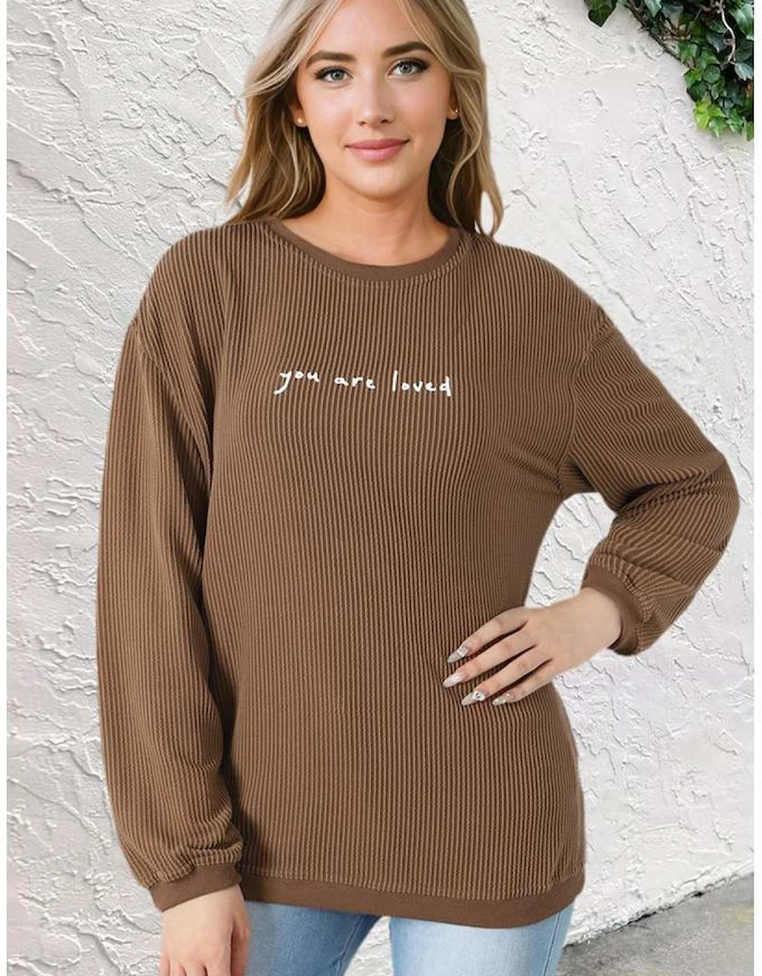 Khaki You Are Loved Print Corduroy Sweatshirt