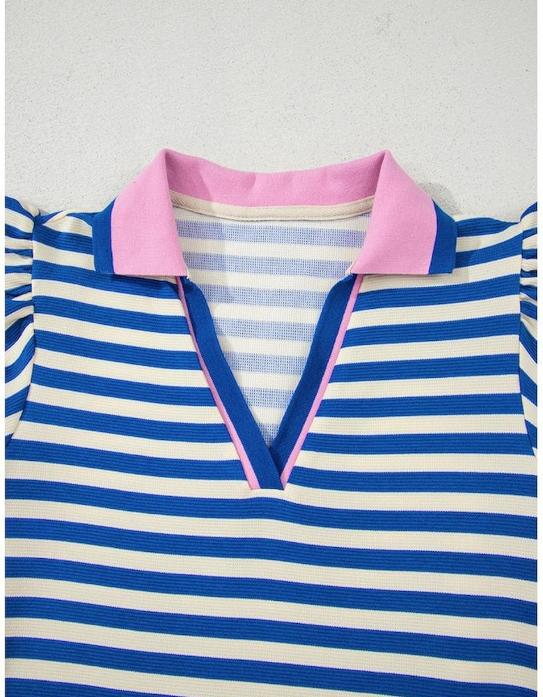 Dark Blue Stripe Print Contrast Collar Split Neck Flutter Sleeve Short Dress
