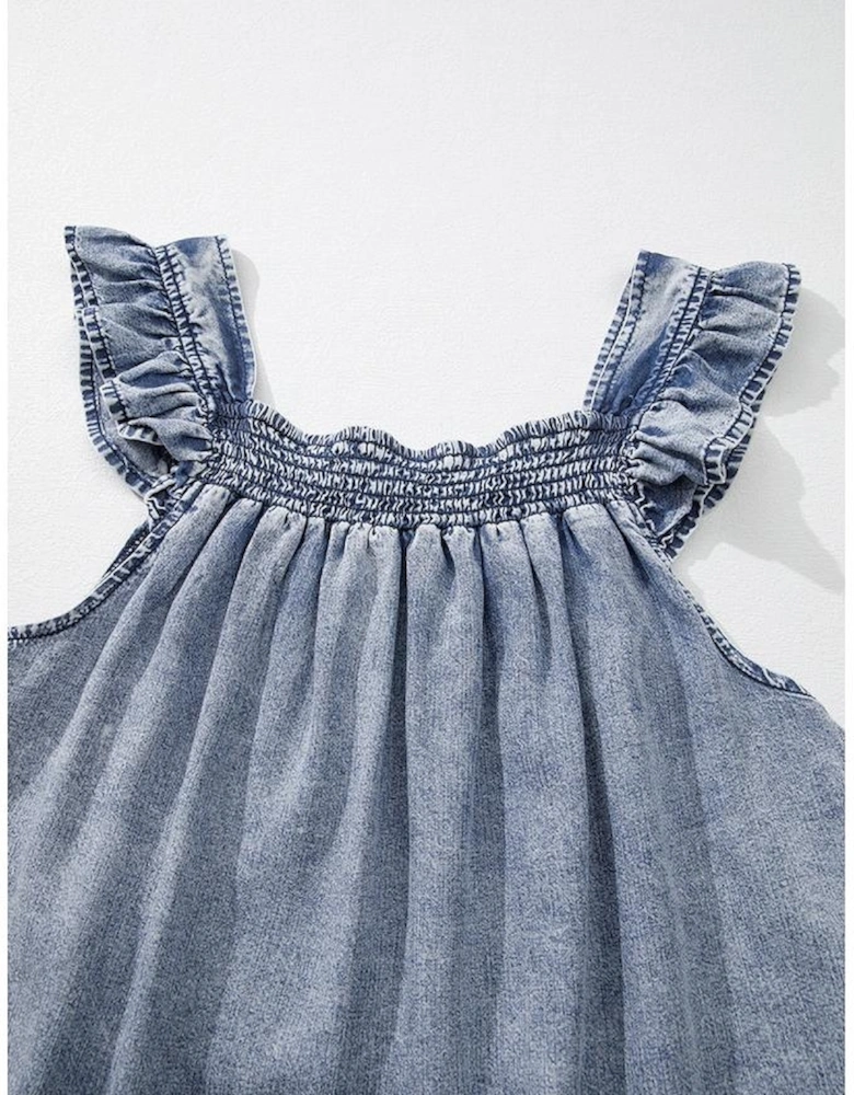 Ashleigh Blue Ruffled Shirred Neckline Sleeveless Denim Tank Top