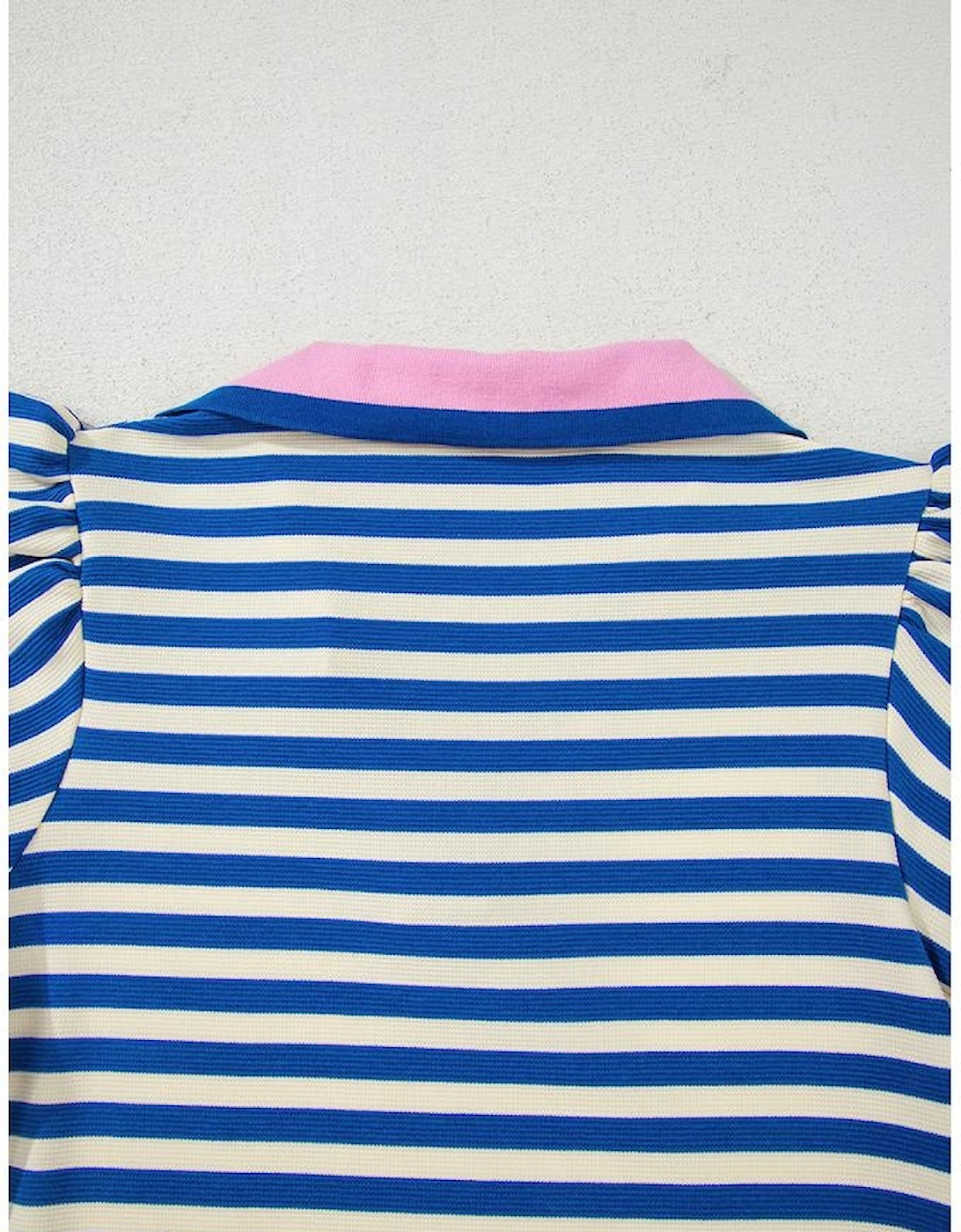 Dark Blue Stripe Print Contrast Collar Split Neck Flutter Sleeve Short Dress