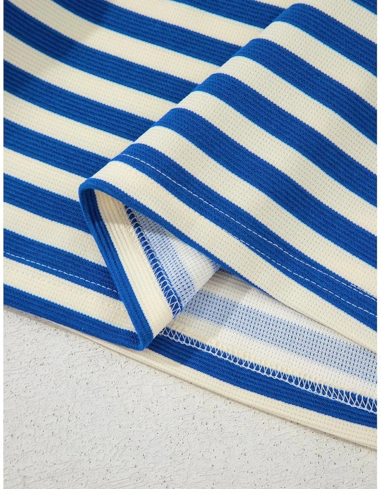 Dark Blue Stripe Print Contrast Collar Split Neck Flutter Sleeve Short Dress