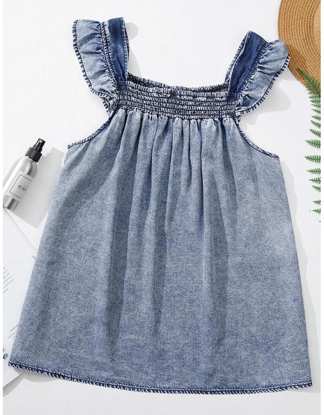 Ashleigh Blue Ruffled Shirred Neckline Sleeveless Denim Tank Top